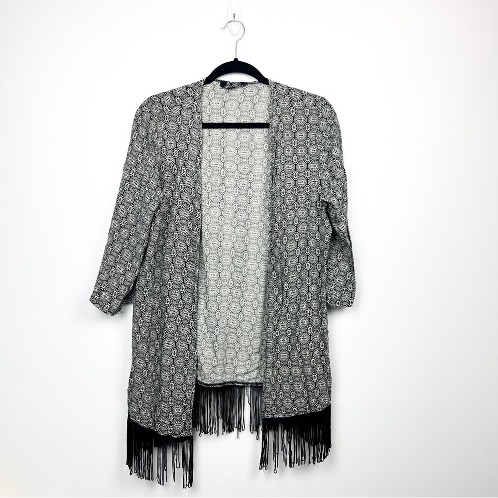 Robin Artizan Signature Half Sleeve Black/White Patterned Cardigan with Fringe